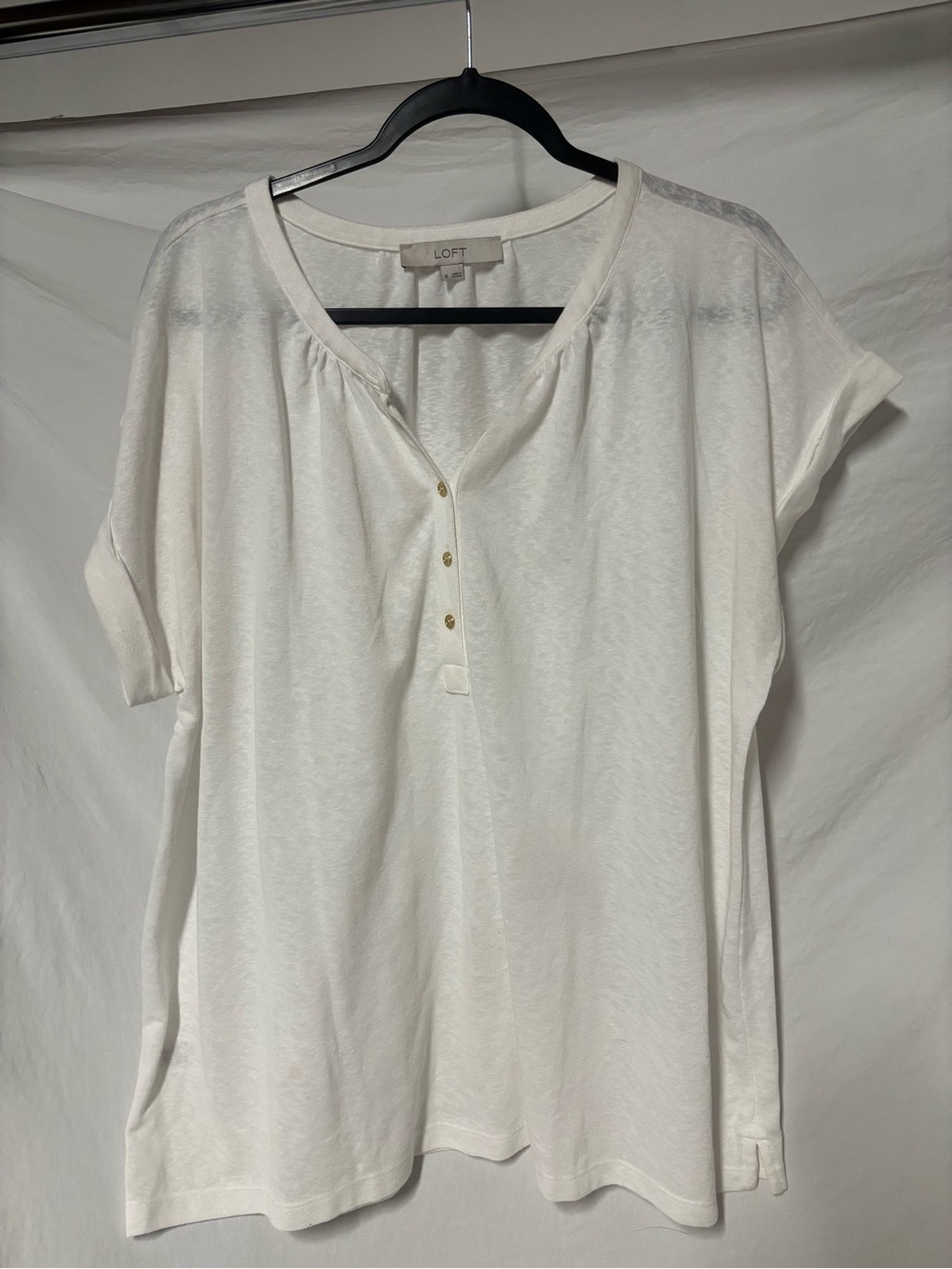 LOFT White Short Sleeve Henley Tee with Button Placket